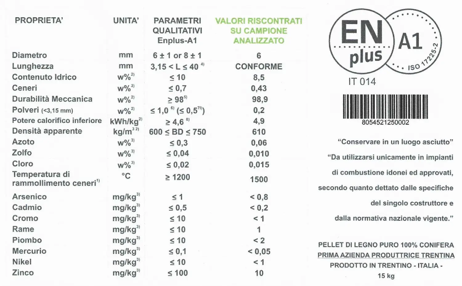pellet di puro abete - certificato A1 - prodotto in Trentino